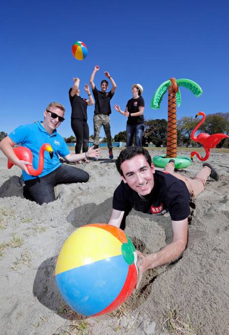 Jacob Mildren (front), Cr Eric Kerr and REDfest committee members Emily McGillvery, David Runciman and REDfest organiser Melissa Nagle at the new-look Wodonga pool site. Picture: KYLIE ESLER