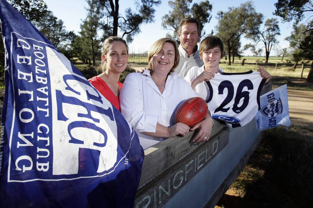 Jennie Hawkins, pictured with daughter Jane, husband Jack and youngest son Charlie ahead of her eldest son Tom’s AFL grand final appearance for Geelong in 2009. Picture: MATTHEW SMITHWICK