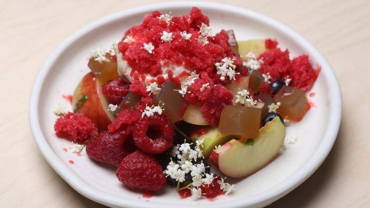 Summer stonefruit, elderflower cream and berry granita at Monster Kitchen and Bar, Hotel Hotel.