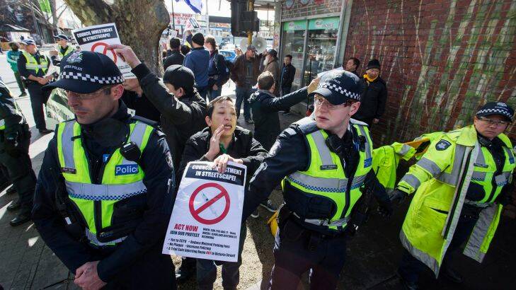 Protestors against a safe injecting clinic to be built on Victoria Street, Richmond.
Photograph Paul Jeffers
The Age NEWS
27 Aug 2017