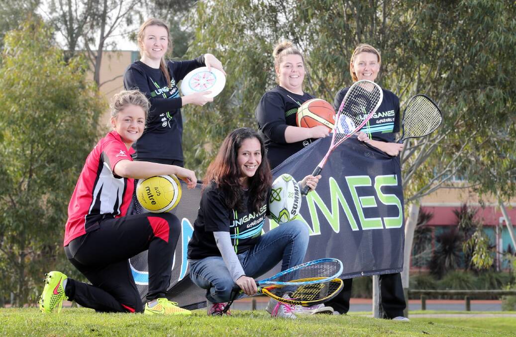 Jacqui Hawkins, Sarah Sharp, Jade Fitzgerald, Aimee Johnstone and Fiona Cullen at La Trobe University ahead of the Southern University Games next week. Picture: JOHN RUSSELL