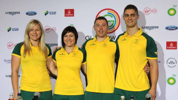 Members of the Australian Commonwealth Games sprint cycling team, L-R Stephanie Morton, Anna Meares, Shane Perkins, Matthew Glaetzer.