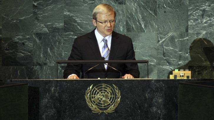 Kevin Rudd makes a speech to the General Assembly of the UN. Photo: Trevor Collens