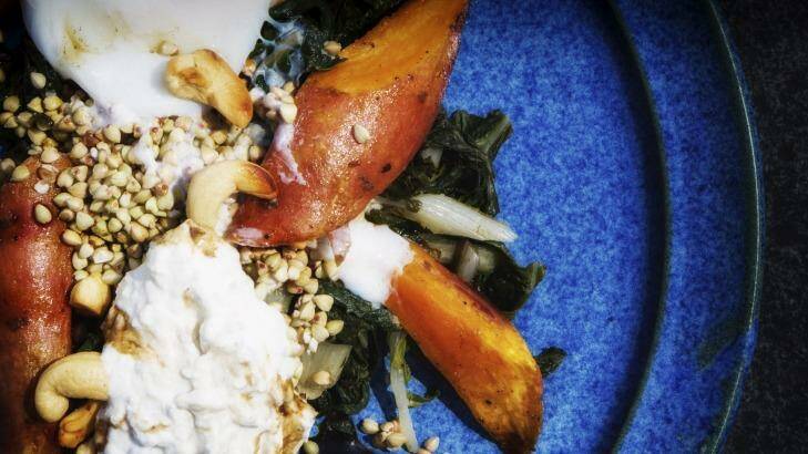 Sprouted buckwheat salad with sweet potato and silverbeet. Photo:  David Reist