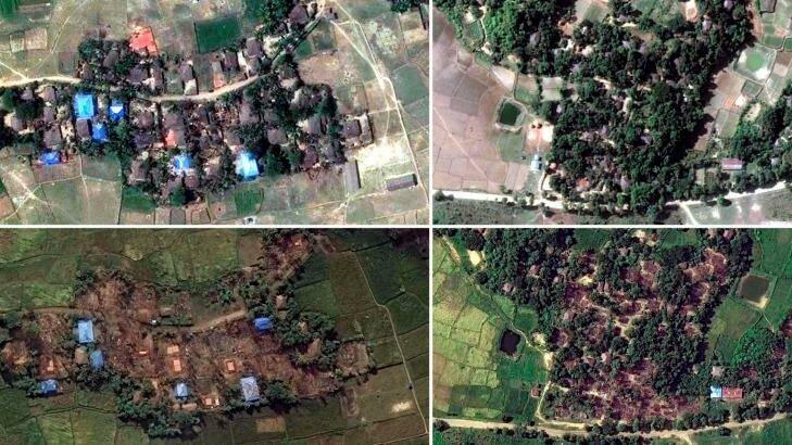 Handout satellite images of two villages in Rakhine state, Myanmar, before and after they were destroyed: Kyet Yoe Pyin is shown at left on March 30 and November 10, 2016, and Wa Peik in 2014 and on November 10, 2016. Photo: Human Rights Watch via New York Times