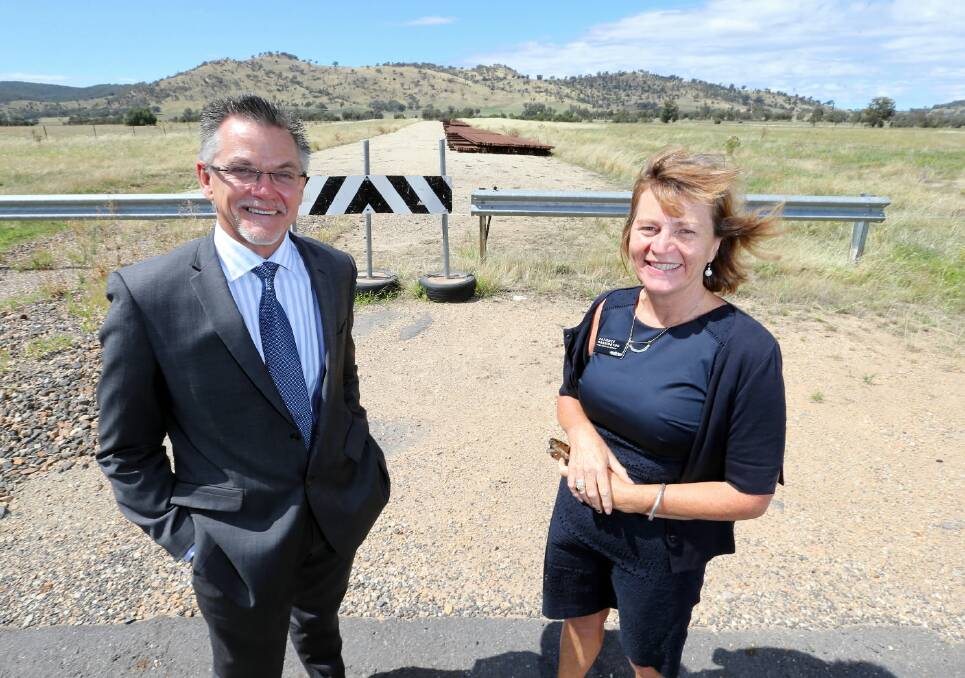 Wodonga Council’s director of planning and infrastructure Leon Schultz and Wodonga Council chief executive Patience Harrington at the site of the Intermodal Rail Hub. Picture: JOHN RUSSELL