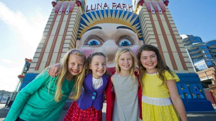 <i>Matilda the Musical</i> stars Georgia, Bela, Sasha and Molly at Luna Park Sydney.
 Photo: James Morgan