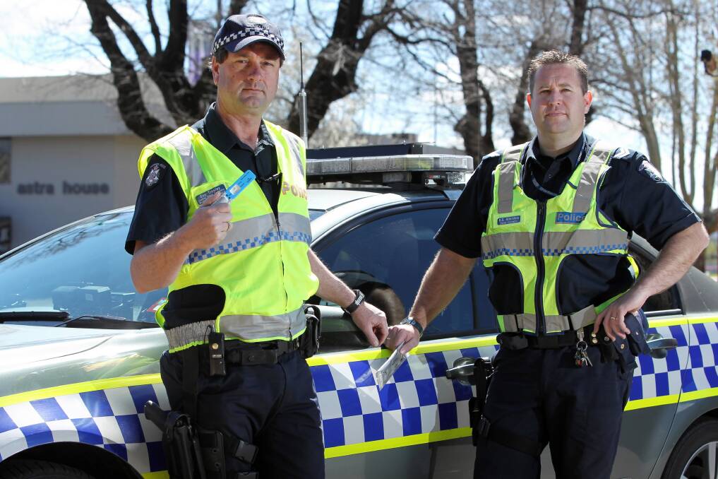 Leading Sen-Constable Guy Tinsley and Leading Sen-Constable Glen Allerdice of Wodonga Highway Patrol have to deal with a regional drug-driver rate higher than the state average. Picture: MATTHEW SMITHWICK