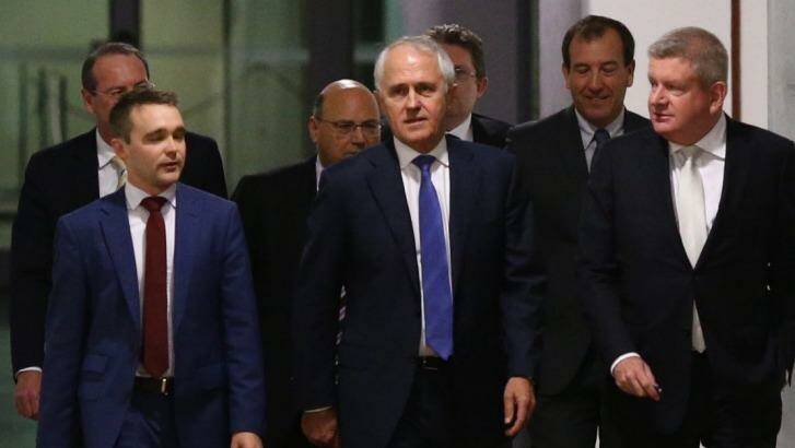 Malcolm Turnbull, pictured arriving for the leadership ballot last week with Wyatt Roy (left) and Mitch Fifield (right). Behind him are Peter Hendy, Arthur Sinodinos, Scott Ryan and Mal Brough. Photo: Andrew Meares