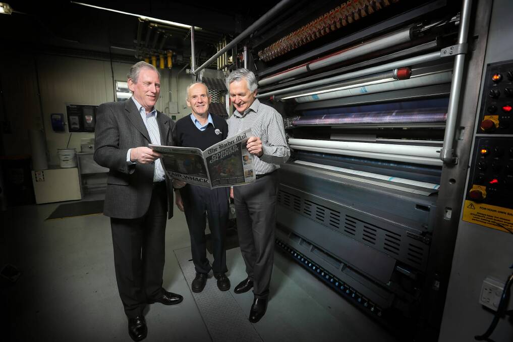 Border Mail Printing general manager Damian Balkin, Frank O’Grady and Fairfax’s Bob Lockley at work. Picture: TARA GOONAN