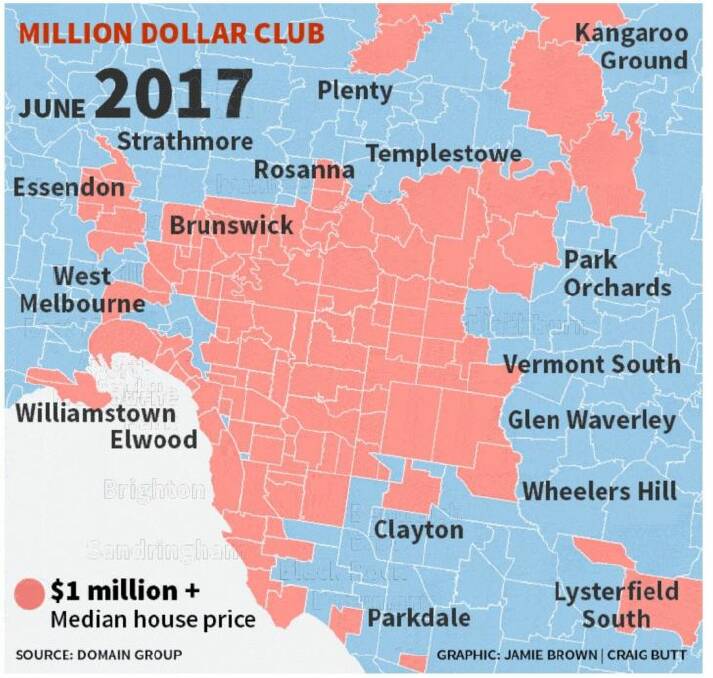 This map shows the spread of Melbourne's $1 million suburbs