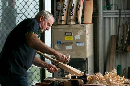 Ian Callen in his bat-making workshop in Tarrawarra. Photo: Eddie Jim