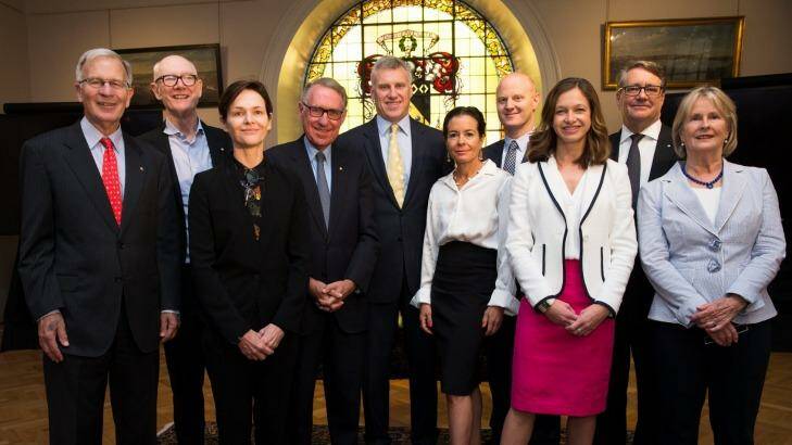 The Pioneers in Philanthropy, from left, John B. Fairfax, John Grill, Rosie Williams, David Gonski, Angus and Sarah James, Ian Narev, Rosemary Conn, Warwick Smith and Libby Fairfax, in the NSW State Library. Photo: Janie Barrett