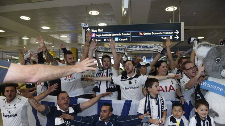 Hello Spurs: Tottenham fans wait at Sydney's international airport for there team to arrive prior to the game against Sydney FC. Photo: Brendan Esposito