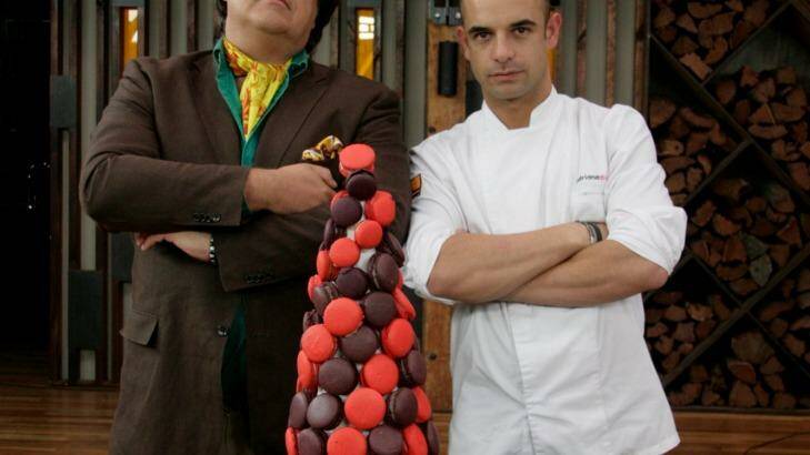 Masterchef. Judge Matt Preston with Pastry chef Adriano Zumbo and his creation the Macaroon tower that contestants had to recreate. Photo Supplied. SHD News. 9 July 2010