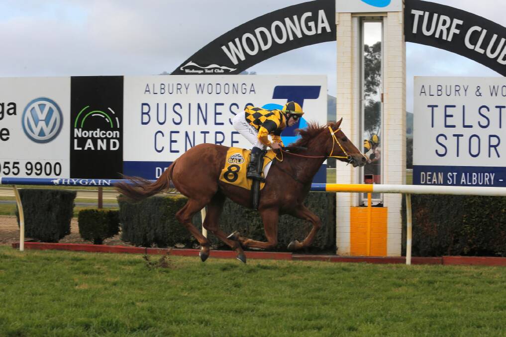 Long shot Uncle Tiger, with jockey Jarrod Fry aboard, takes out the Jack Maher Classic at Wodonga yesterday. Picture: TARA GOONAN