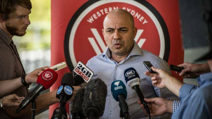 Not happy: Western Sydney Wanderers CEO John Tsatsimas addresses the media in response to the FFA's sanction and $50,000 fine due to the bad behaviour of fans. Photo: Wolter Peeters