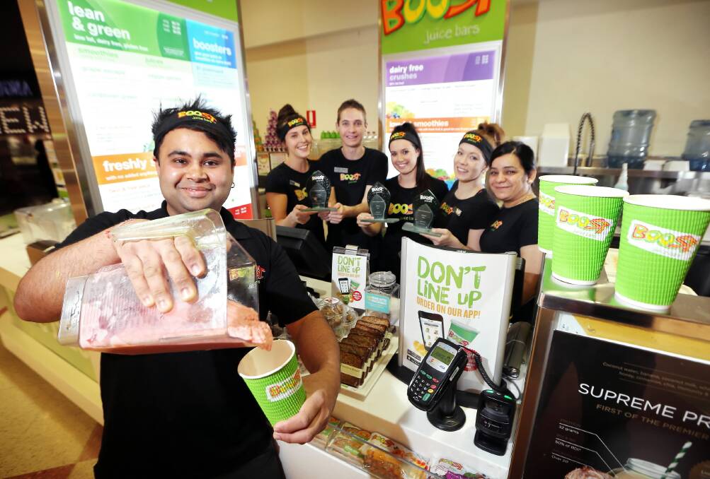 Boost Juice Albury store manager Rocky Singh, with staff members Georgie Seaton, Matthew Wheaton, Kolby Hughes, Danica Hensel and Neha Sood, have won three national awards. Picture: JOHN RUSSELL