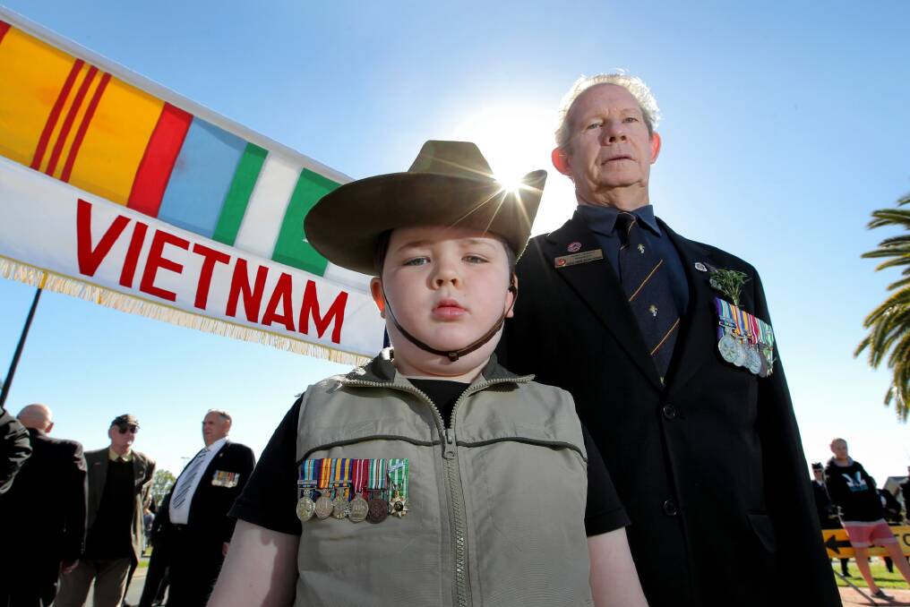 Melbourne eight-year-old Tait Puiatti-Treeve fulfilled a dream to march alongside his grandfather Gary Treeve in yesterday’s Wodonga Anzac Day march.
