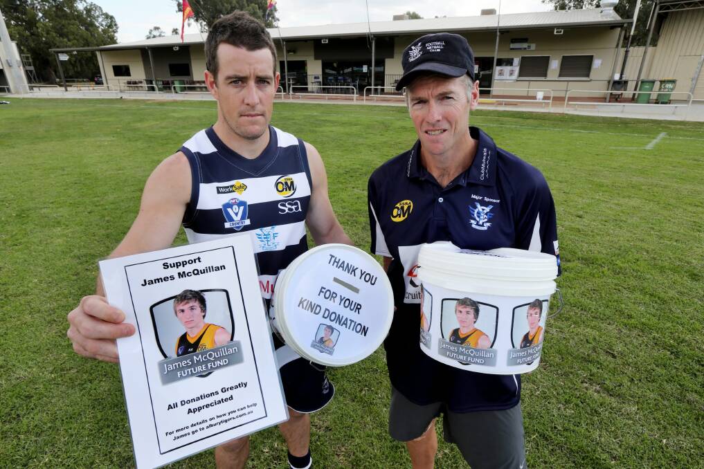 Yarrawonga co-coaches Drew Barnes and Chris Kennedy want fans to support James McQuillan tomorrow. Picture: PETER MERKESTEYN