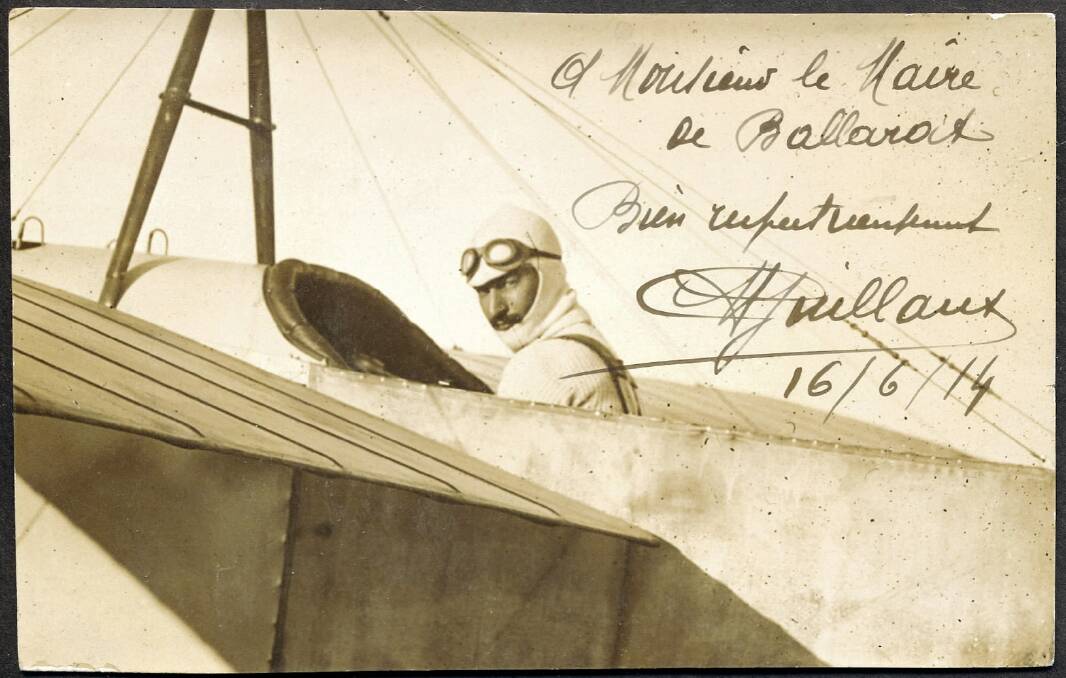 A 1914 postcard from a Melbourne-Bendigo-Ballarat flight of French aviator Maurice Guillaux, signed with a personal greeting in French to the mayor of Ballarat. 