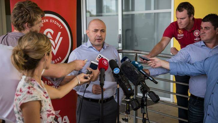 Stay away: Western Sydney Wanderers CEO John Tsatsimas addresses the media in response to the FFA's sanction on Thursday. Photo: Wolter Peeters
