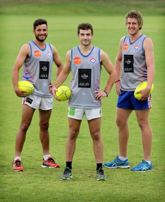 Speedy midfielder Toby Blissett, centre, has been reunited with Isaac Pound and Ben Dower at Jindera for next season. The trio last played together in Albury’s Ovens and Murray reserves flag triumph in 2013. Picture: MATTHEW SMITHWICK