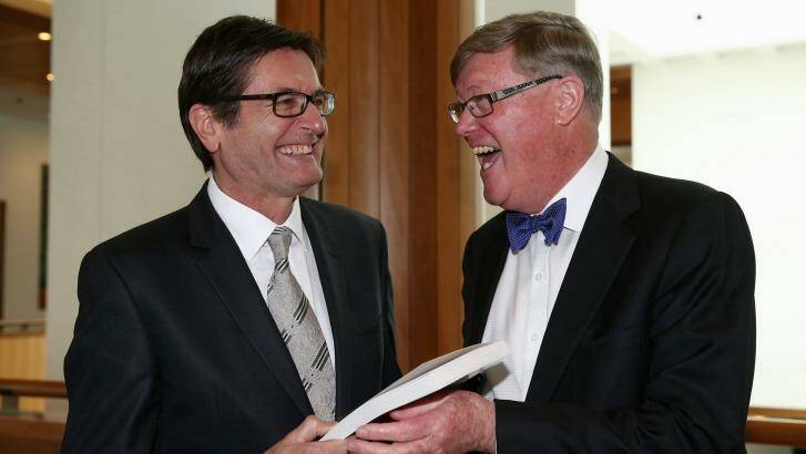 Former Labor minister Greg Combet with Allan Behm at the launch of Behm's book last week. Photo: Alex Ellinghausen 