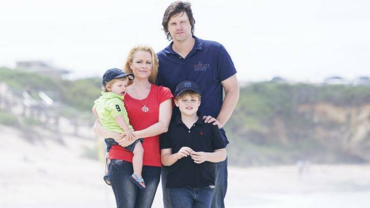 Former Test cricket player Nathan Bracken with his wife Haley and boys Chase (dark shirt) and Tag. Photo: James Brickwood