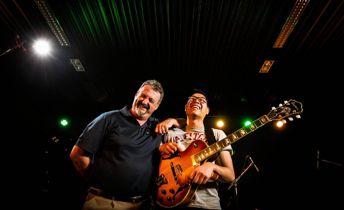Adrian Jackson with musician David Gooey in the Performing Arts Theatre as the Wangaratta Jazz Festival begins. Picture: DYLAN ROBINSON