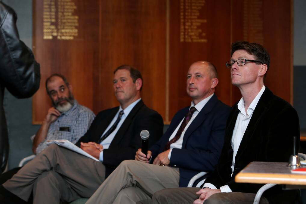 Candidates for Ovens Valley Ray Dyer, Tim McCurdy, Julian Fidge and Jamie McCaffrey take questions at an election forum hosted by the VFF at Wangratta last night. Picture: MATTHEW SMITHWICK