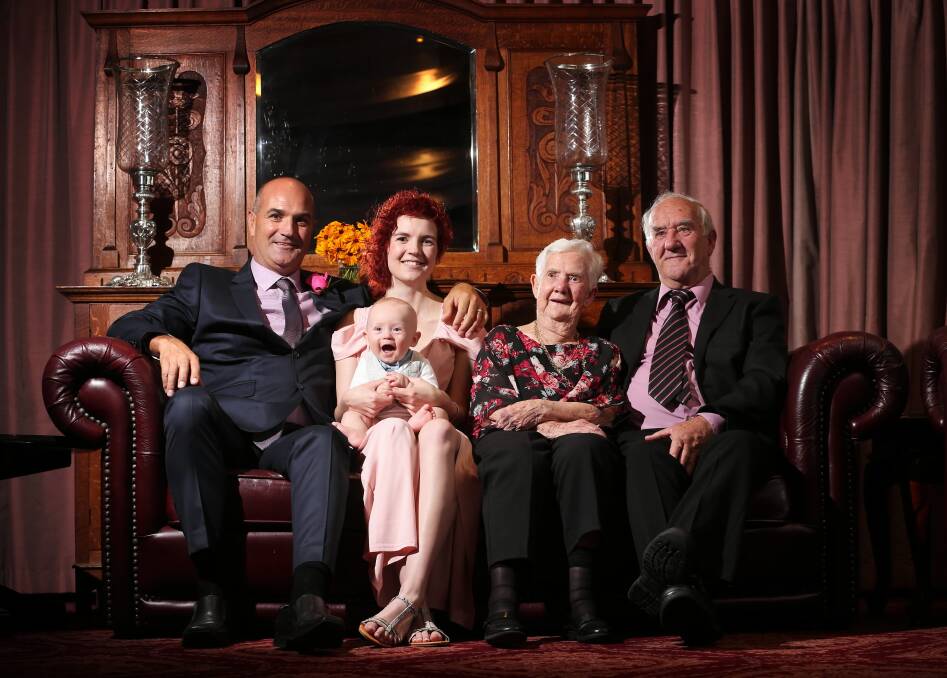 A family affair ... Paul Coleman is with his daughter Katey Coleman, grandson Oscar Evans, six months, grandmother Phyllis Whelan and his father Alf Coleman. Picture: JOHN RUSSELL