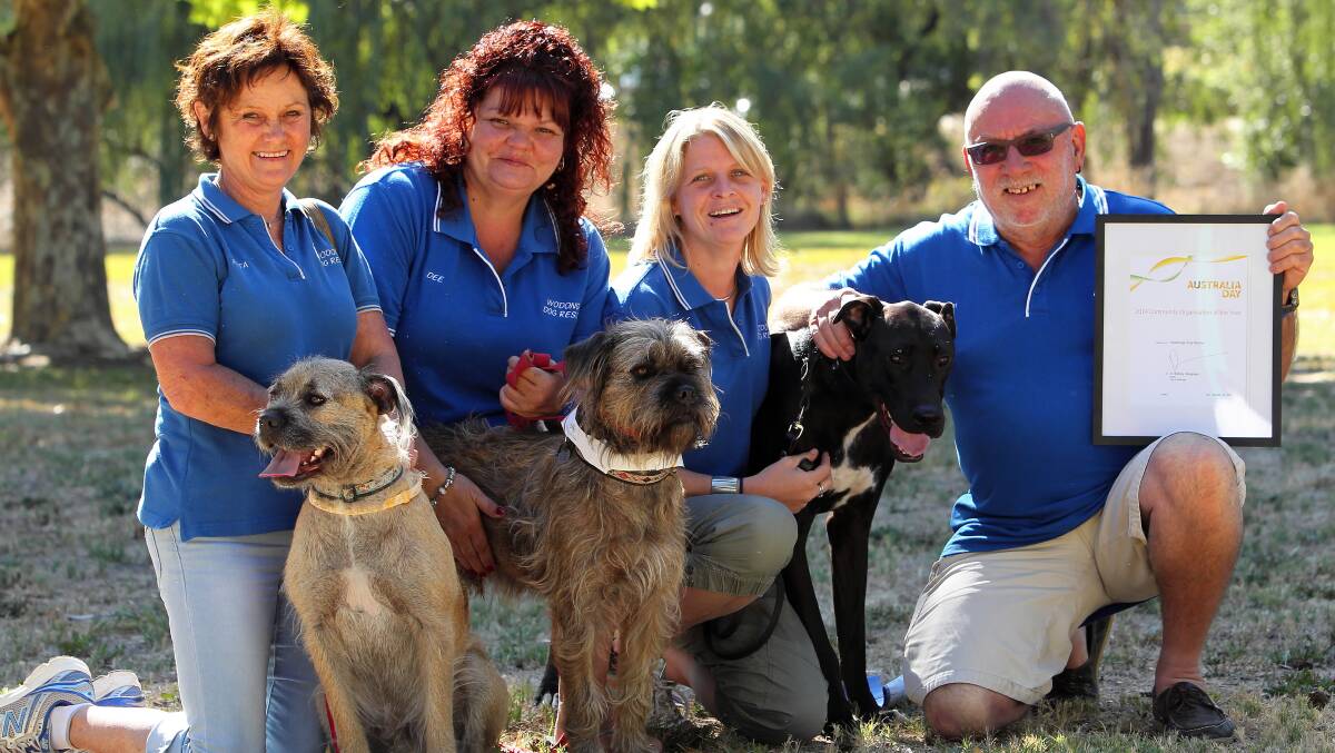 Peta McRae (with dog Jimmy), Dee Keogh (with dog Steve), Andrea Jack (with dog Clancy), and Jim Toole, from Wodonga Dog Rescue, which was awarded Community Organisation of the Year.