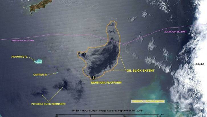 A NASA image from September 2009 shows the extent of the oil slick created by the 2009 Montara oil spill in the Timor Sea. Part of West Timor in Indonesia can be seen at the top of the image. Photo: NASA