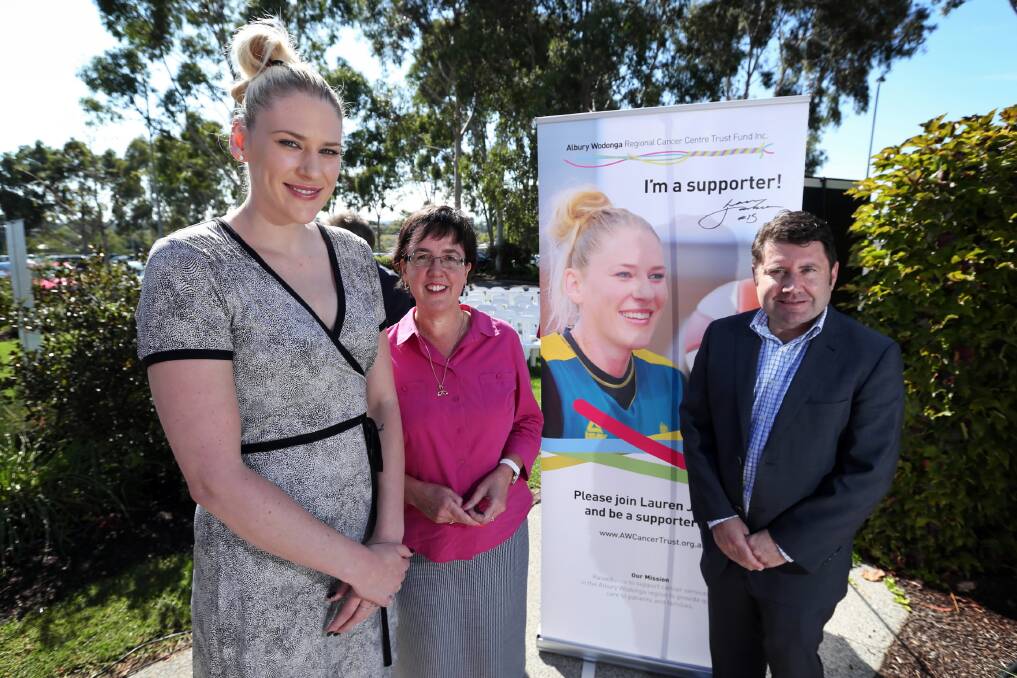 Albury Wodonga Regional Cancer Centre Trust Fund patron Lauren Jackson, trust chairwoman Di Thomas and Albury-Wodonga Health director of oncology Craig Underhill at the launch of the campaign yesterday. Picture: MATTHEW SMITHWICK