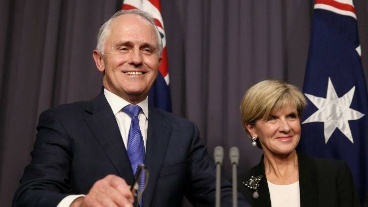 Prime Minister-designate Malcolm Turnbull and Deputy Leader Julie Bishop address the media at Parliament House in Canberra following Monday's Liberal leadership ballot. Photo: Alex Ellinghausen