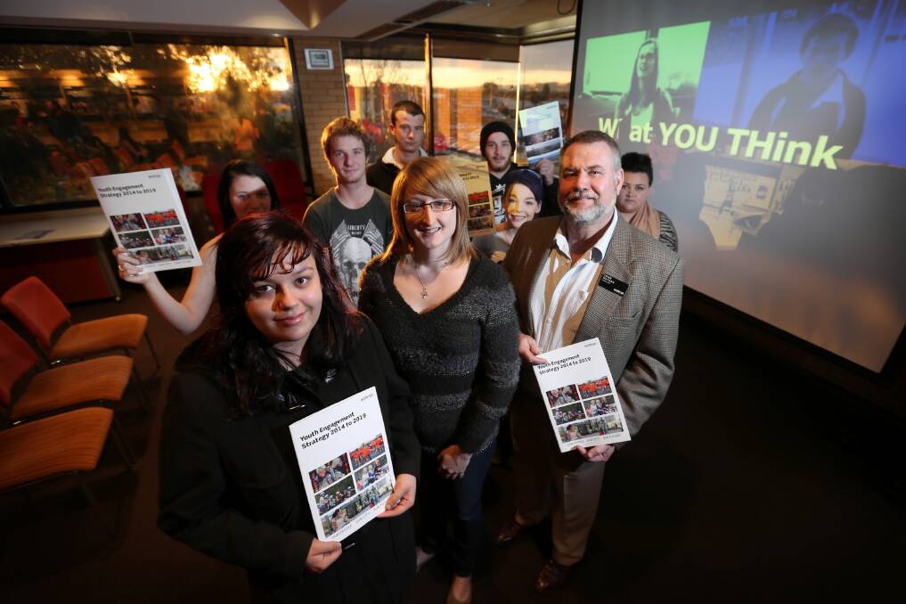 Dayzha O’Toole, 16, Sarah Negrin, 24, of Wodonga, and Cr John Watson, with some of the youth of Wodonga, at the launch of Wodonga Council’s Youth Engagement Strategy. Picture: MATTHEW SMITHWICK