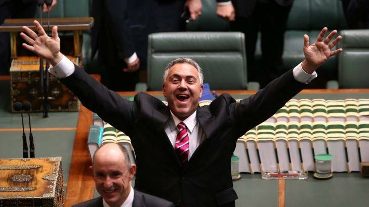 Treasurer Joe Hockey waves to the public gallery ahead of the Opposition Leader Bill Shorten delivering the Budget in Reply address at Parliament House in Canberra on Thursday Photo: Andrew Meares