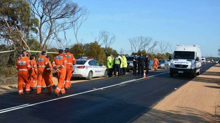 Police and emergency services gather at the scene on Thursday. Photo: Murray Valley Standard