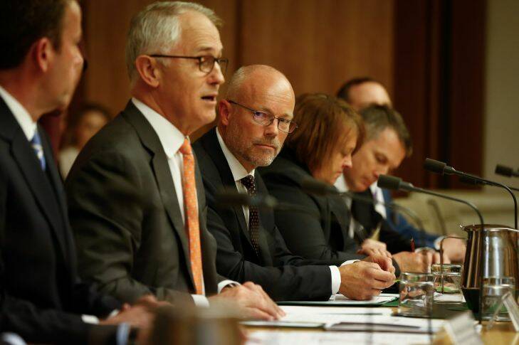 Prime Minister Malcolm Turnbull during a cyber security roundtable with  Alastair Macgibbon, Special Adviser to the Prime Minister on Cyber Security, at Parliament House in Canberra on Wednesday 19 April 2017. fedpol Photo: Alex Ellinghausen