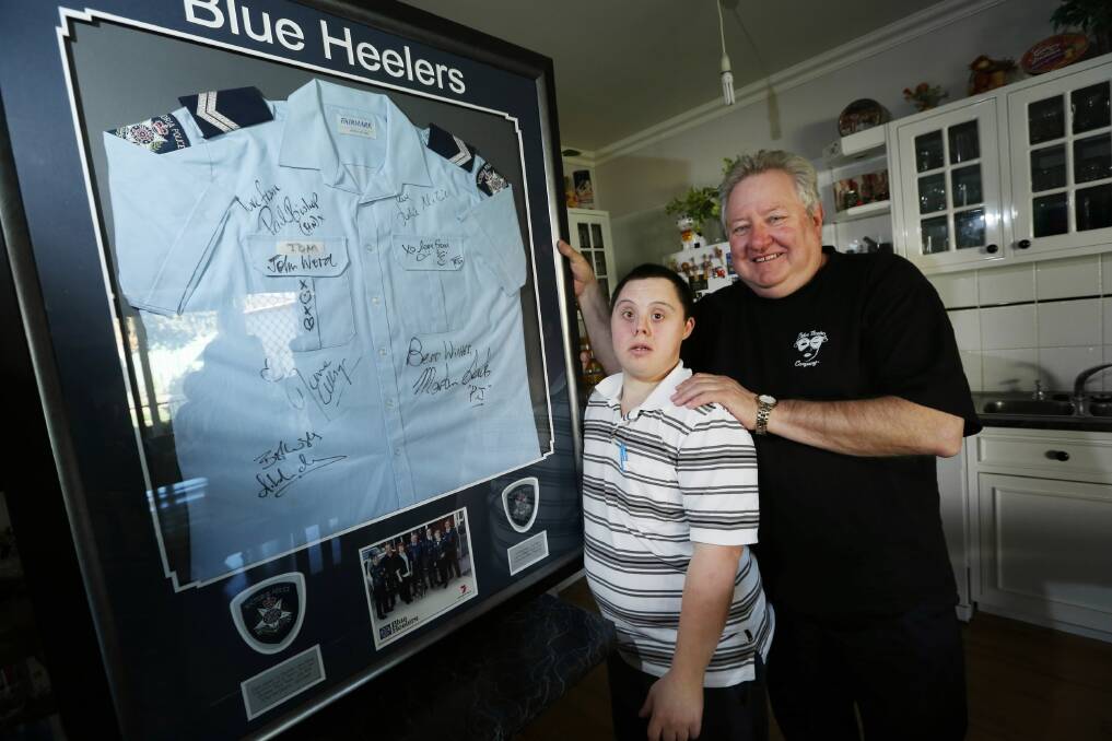 Wodonga’s David Young, 32, who has Down syndrome, was visited by his life-long idol, actor John Wood, who first caught his attention as Sgt Tom Croydon on Blue Heelers. Picture: MATTHEW SMITHWICK