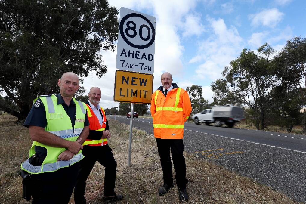 Cameron Roberts, Mike Fraser and Bryan Sherritt hope new speed limits will reduce the number of serious crashes at a dangerous Wodonga intersection on the Hume Highway. Picture: MATTHEW SMITHWICK