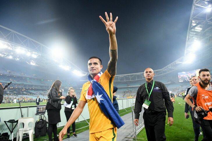 Australia's Tim Cahill celebrates beating Honduras during the 2018 FIFA World Cup Intercontinental play-off football match between Australia and Honduras at Stadium Australia in Sydney, Wednesday, November 15, 2017.(AAP Image/Brendan Esposito) NO ARCHIVING, EDITORIAL USE ONLY