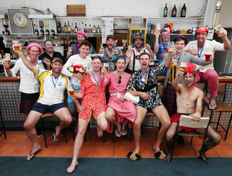The Tallangatta Cricket Club’s winning players were soaking up the atmosphere at the pub yesterday. Picture: JOHN RUSSELL