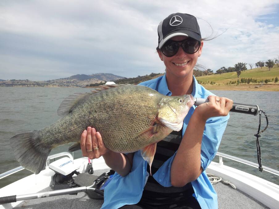 Cindy Rapsey was pretty happy with this five-kilogram yellowbelly caught on a trollcraft lure at Bowna on Lake Hume.