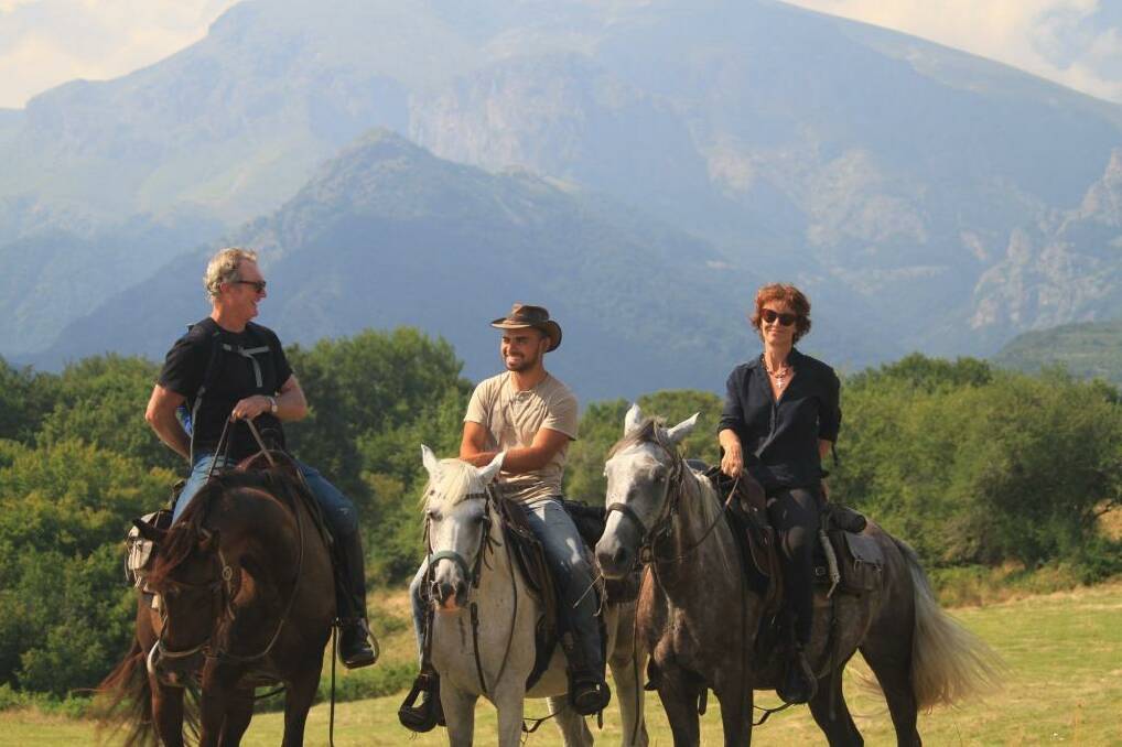 Balkan jaunt: Bryan Brown, guide Nicko and Rachel Ward. Photo: Rachel Ward