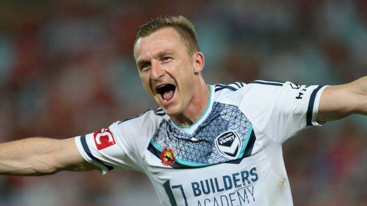 Melbourne Victory's Besart Berisha celebrates scoring one of three goals during the match between Western Sydney Wanderers and Victory at ANZ Stadium in Sydney. Photo: Jason McCawley/Getty Images