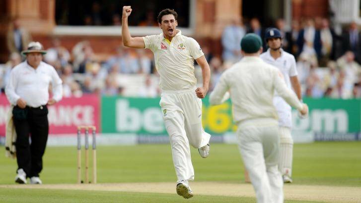 Mitchell Starc, pictured celebrating during the second test, said he liked the look of the grass he saw on Monday. Photo: Philip Brown