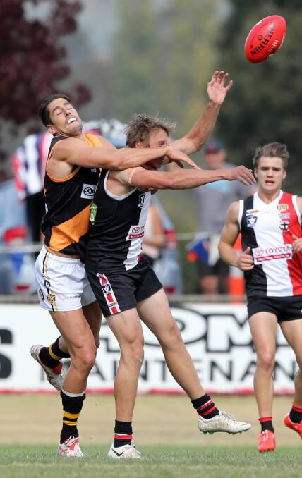 Albury ruckman Angus Graham in action against Myrtleford in the opening round. He has walked out on the Tigers to join Aberfeldie.