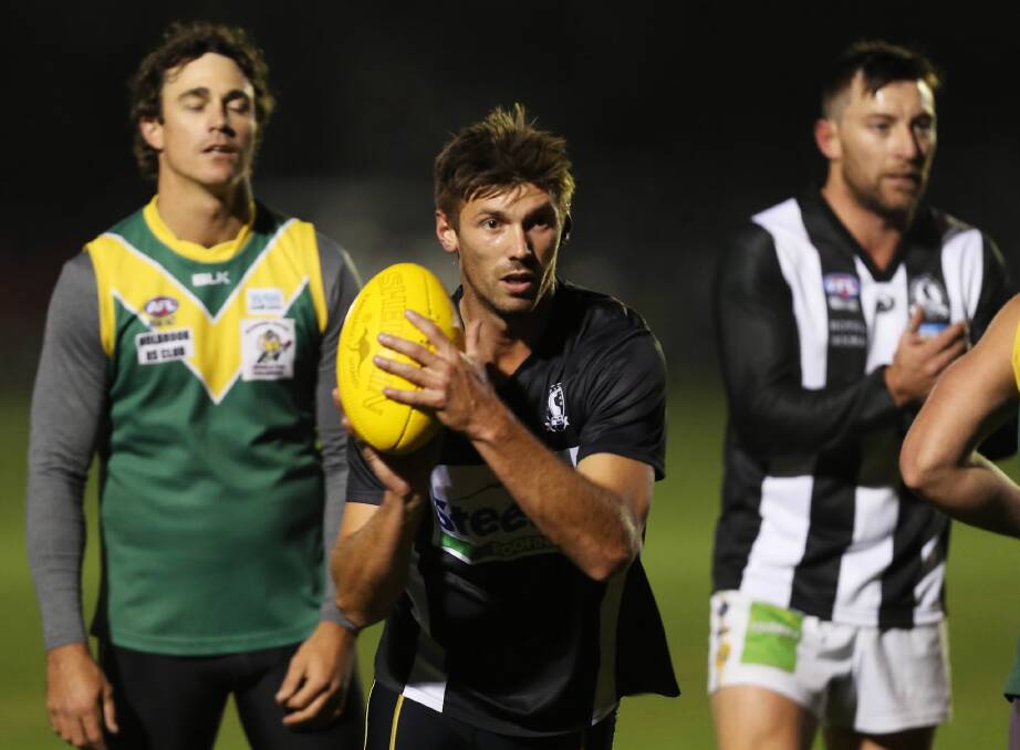 In-form Murray Magpies spearhead Jesse Johnston, flanked by Brett Doswell and Josh Maher at training on Tuesday night, will be a key to the Hume league’s hopes of defeating Ovens and King in Saturday’s interleague clash at Jindera. Picture: MATTHEW SMITHWICK